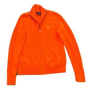 RALPH LAUREN SPORT Womens Cardigan Zip Up Jumper Medium Orange Collared 2003